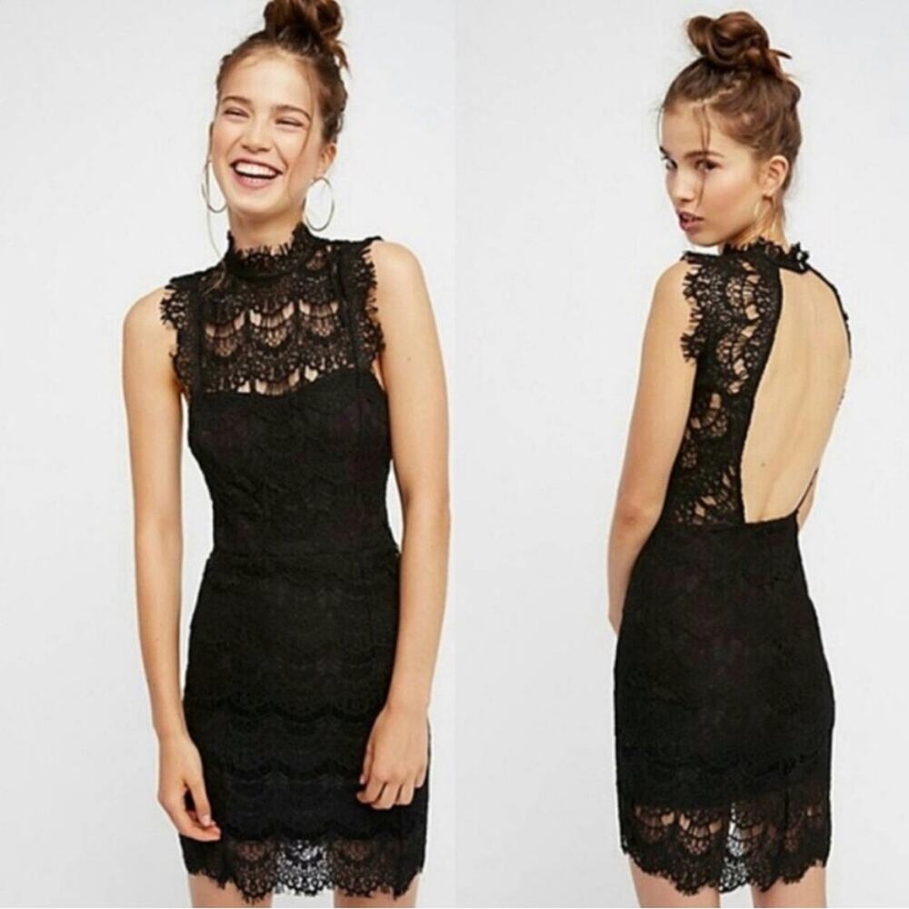 Free People Black Lace Open Back Mini Dress